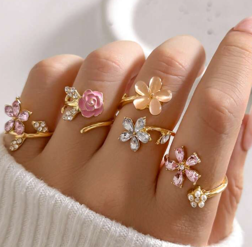 Pink Rose Flower Adjustable Rings